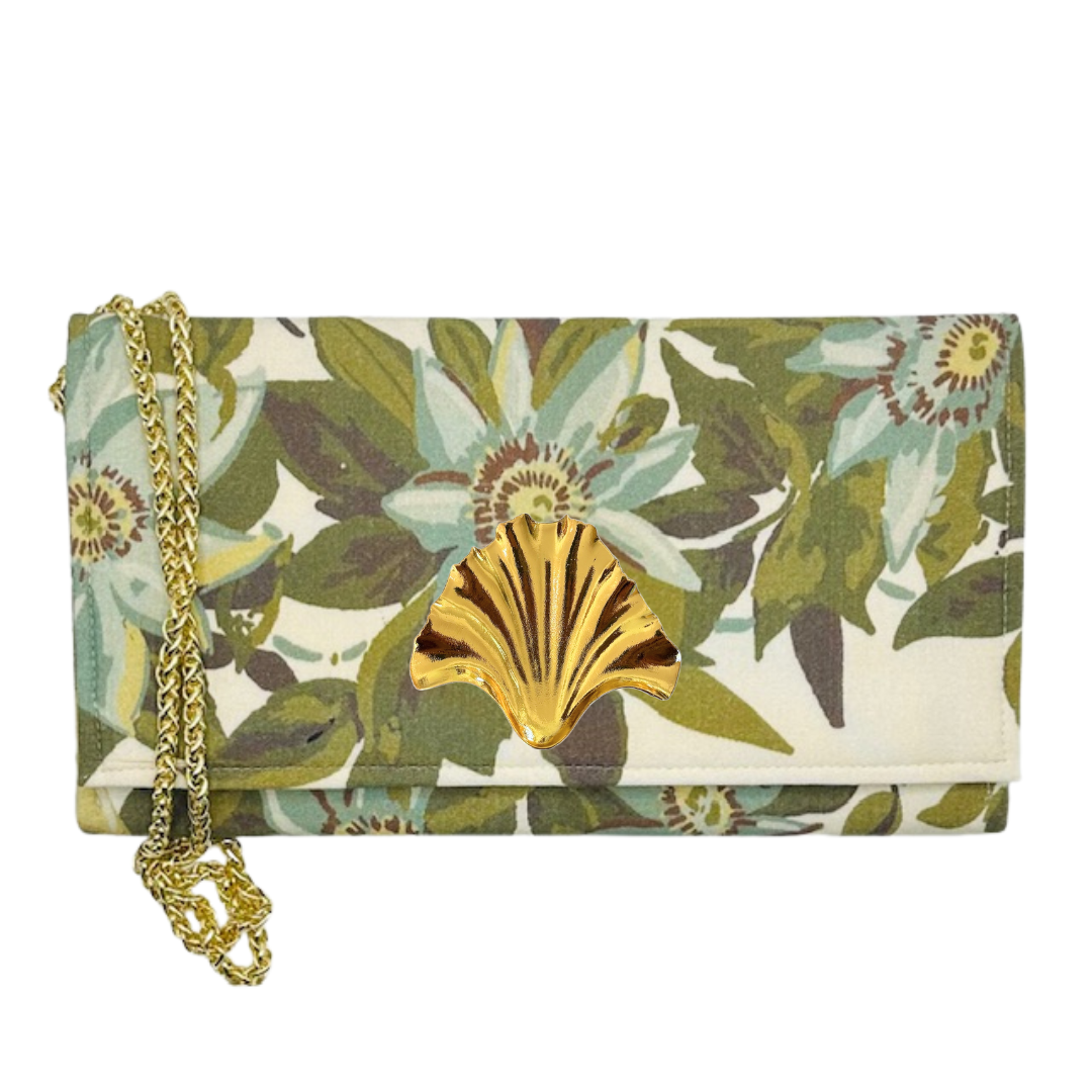 Floral Crossbody Clutch Purse w/ Customizable Embellishment: White bamboo stick
