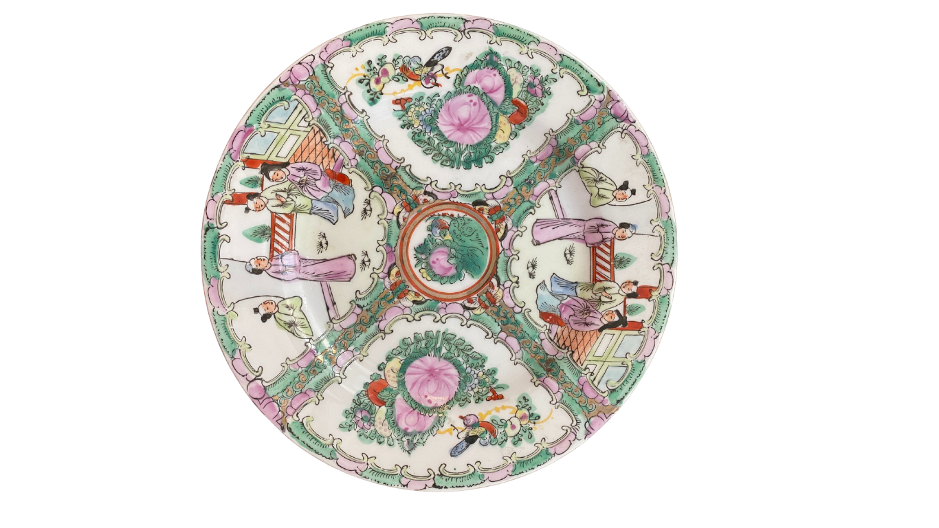 Vintage Rose Medallion Porcelain Plate from Hong Kong, Hand-Painted
