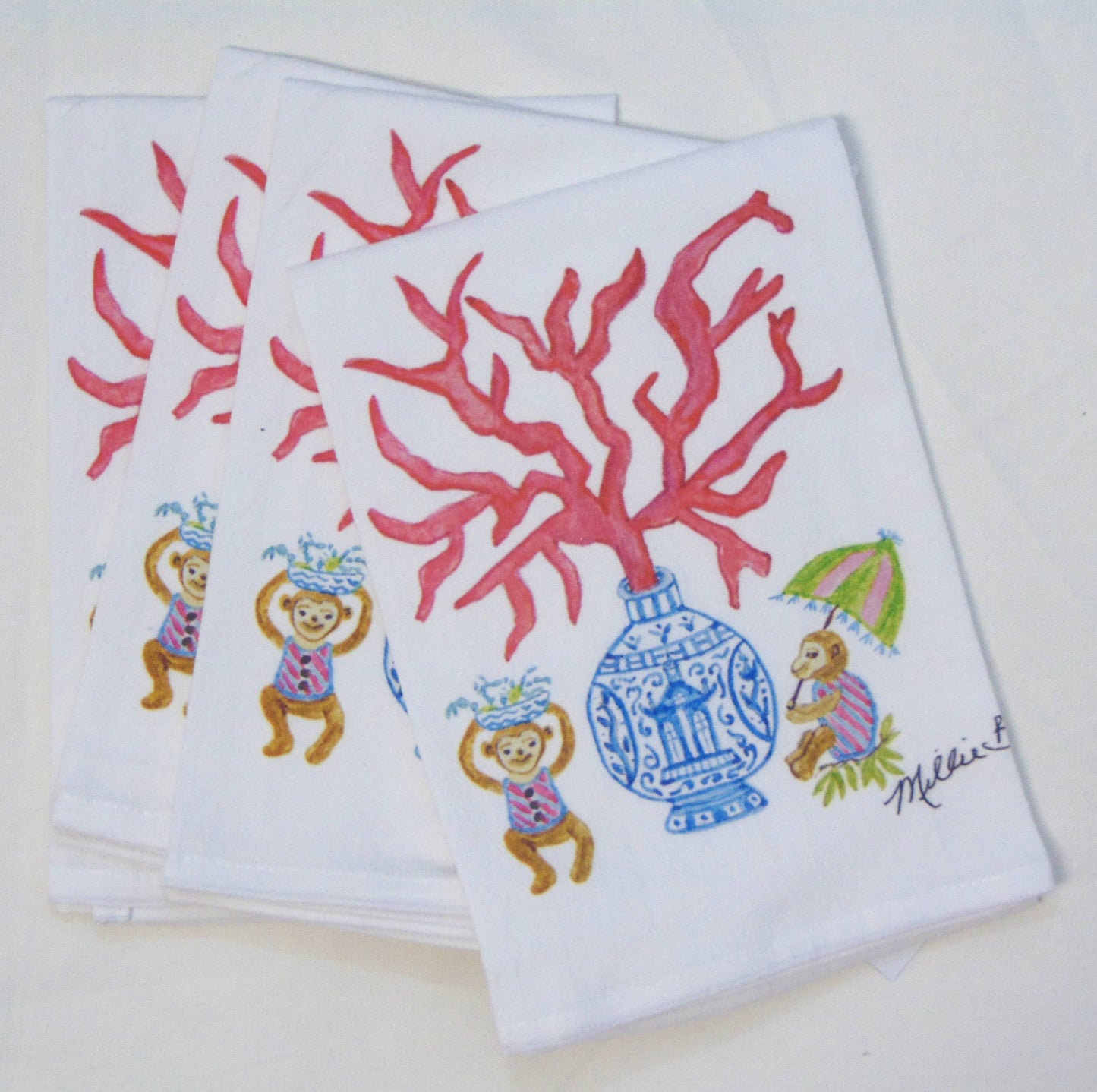 Watercolor Coral & Monkeys Flour Sack Towel – Limited Edition by Lowcountry Linen