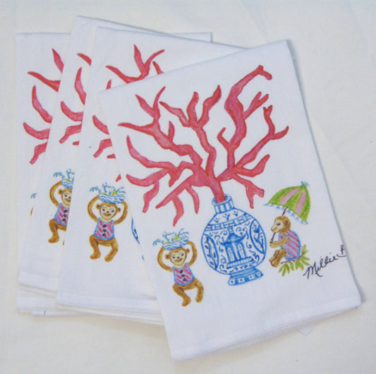 Watercolor Coral & Monkeys Flour Sack Towel – Limited Edition by Lowcountry Linen