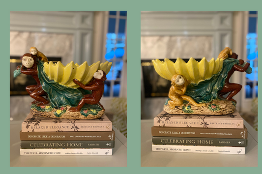 PALM BEACH STYLE MAJOLICA MONKEY AND BANANA CENTERPIECE