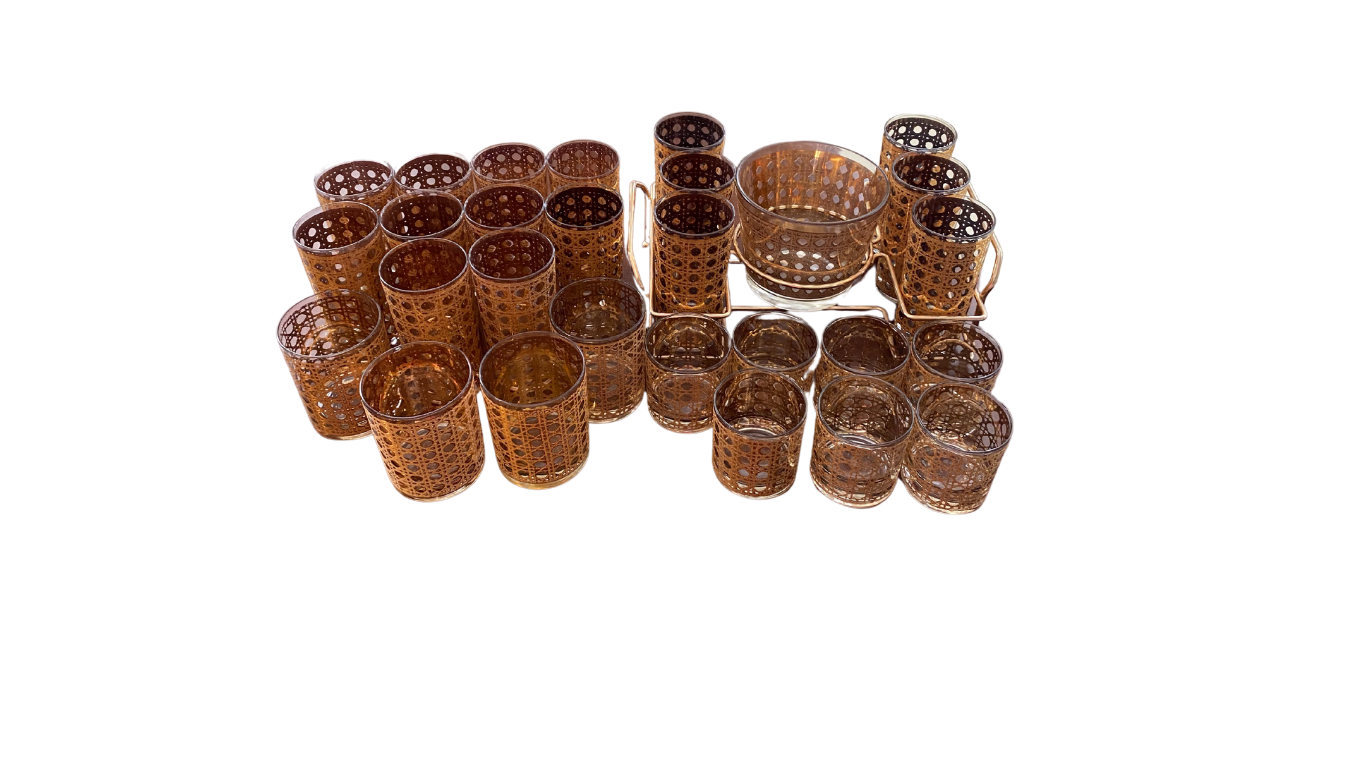 Vintage Culver Cannella Barware Set with Ice Bucket, Brass Rack, and Highball Glasses, 22kt Gold CaneGold
