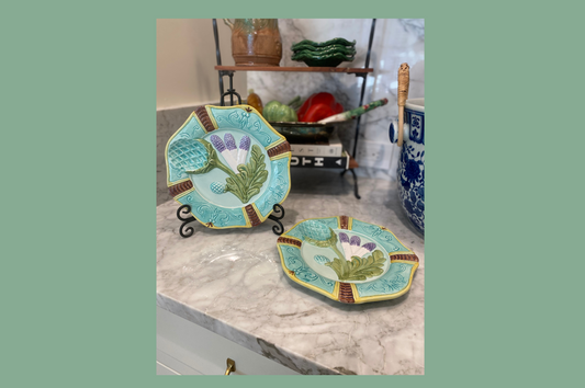 Vintage Seymour Mann Majolica Artichoke Asparagus Hand-Painted Plates