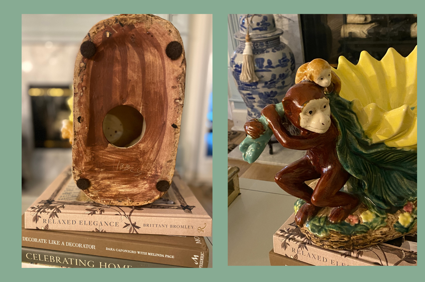 PALM BEACH STYLE MAJOLICA MONKEY AND BANANA CENTERPIECE