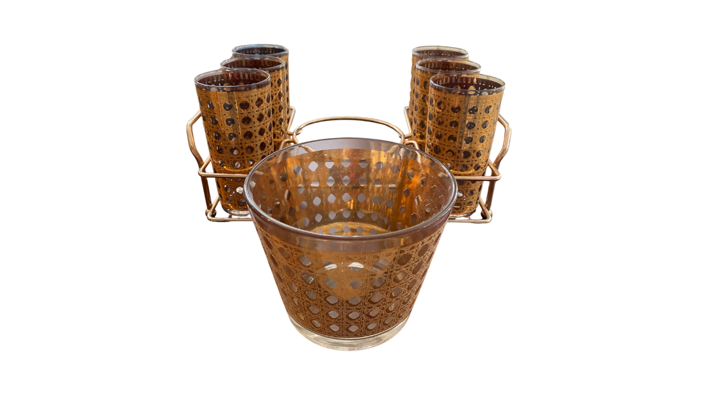 Vintage Culver Cannella Barware Set with Ice Bucket, Brass Rack, and Highball Glasses, 22kt Gold CaneGold