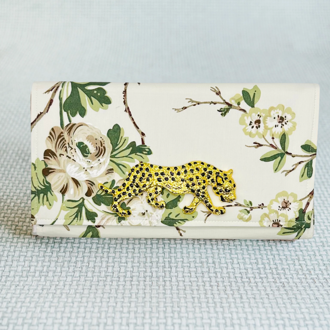 Floral Cluster Schumacher Clutch with Gold Leopard Embellishment