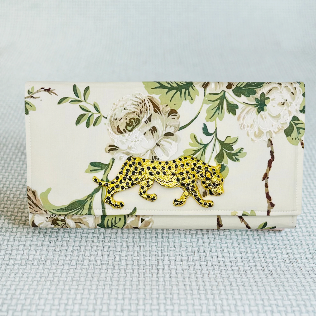 Floral Cluster Schumacher Clutch with Gold Leopard Embellishment