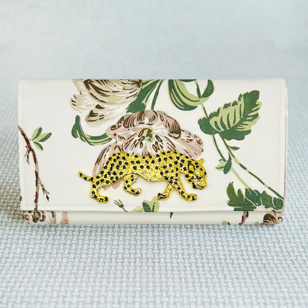 Floral Cluster Schumacher Clutch with Gold Leopard Embellishment
