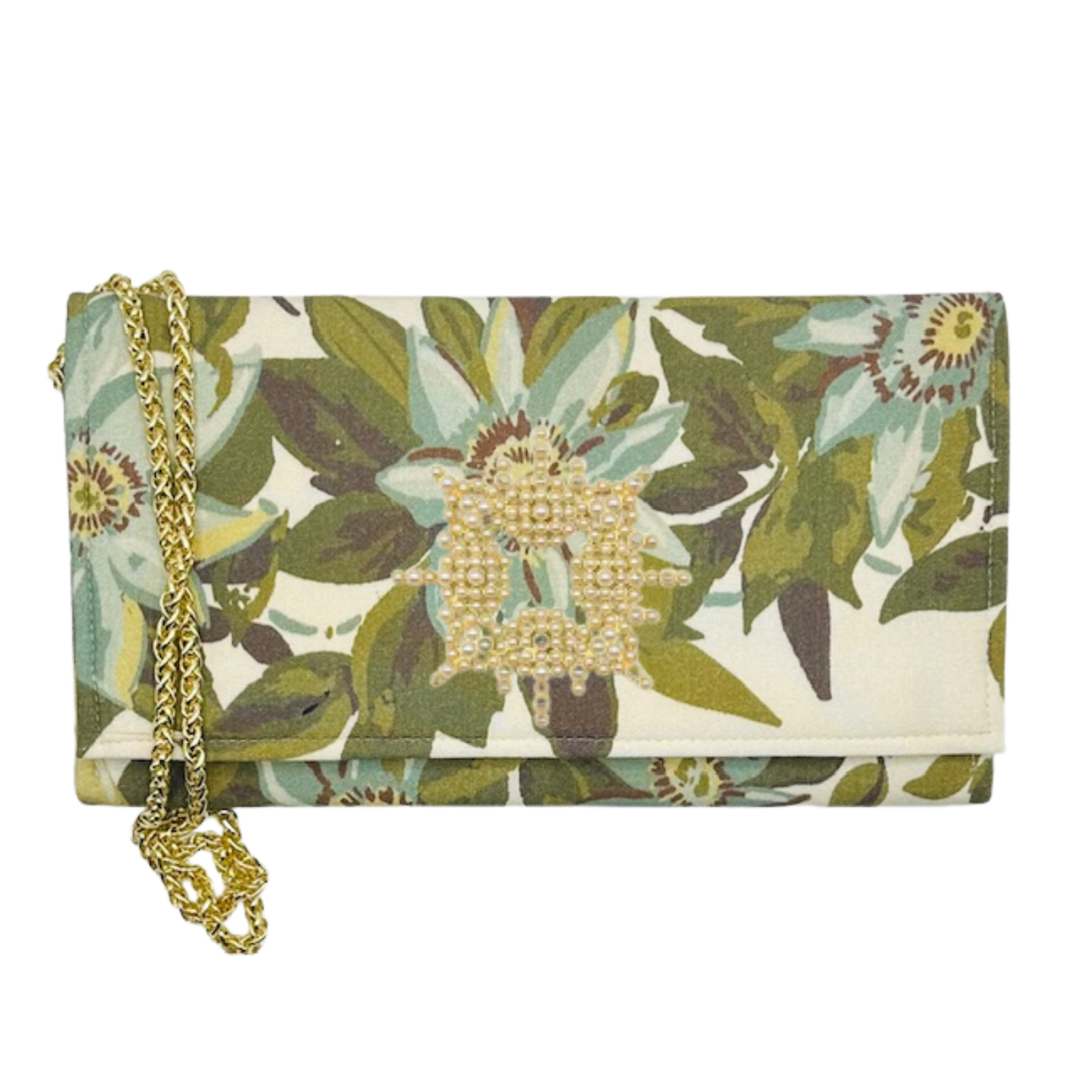 Floral Jasper Crossbody Clutch with Gold Bamboo Embellishment