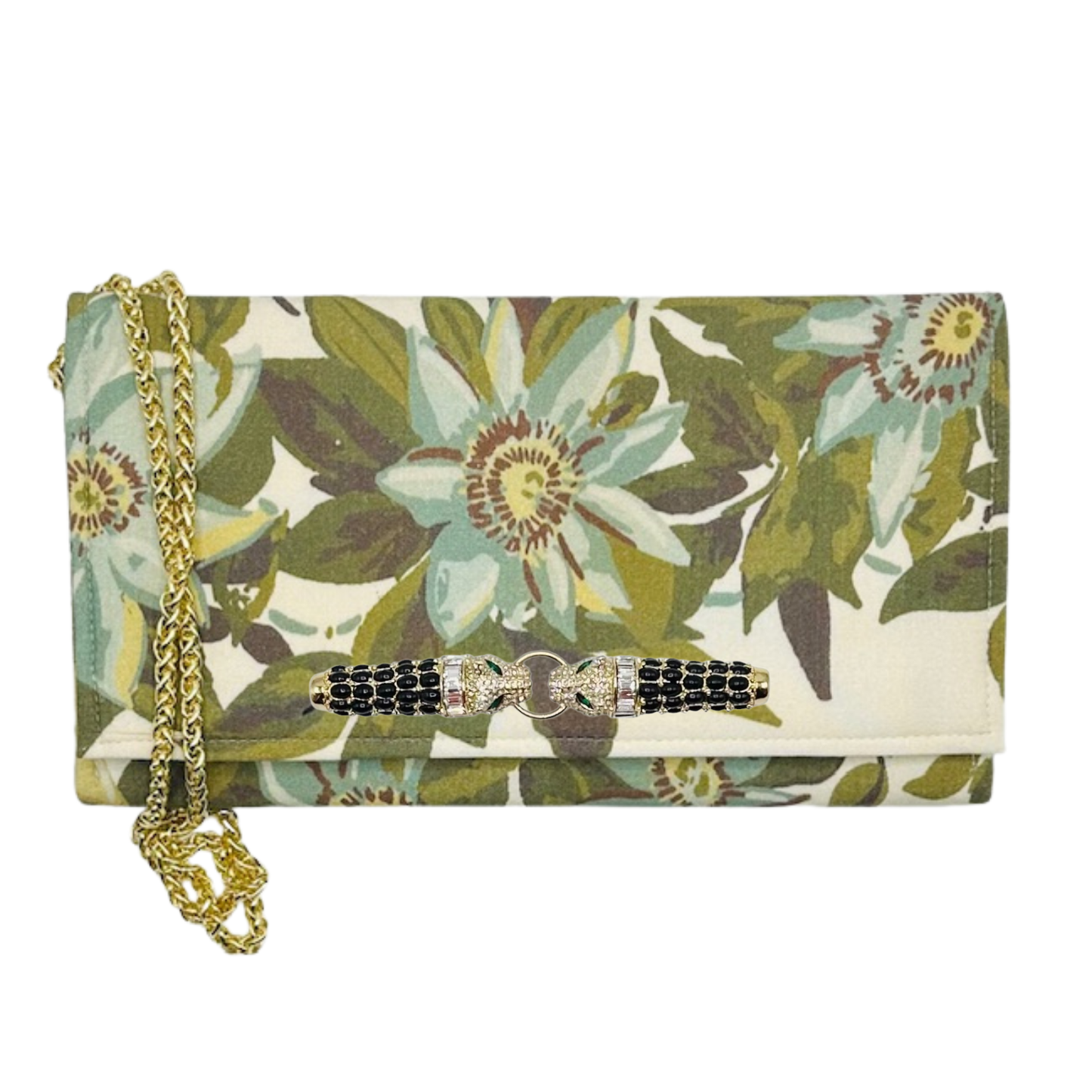 Floral Crossbody Clutch Purse w/ Customizable Embellishment: White bamboo stick