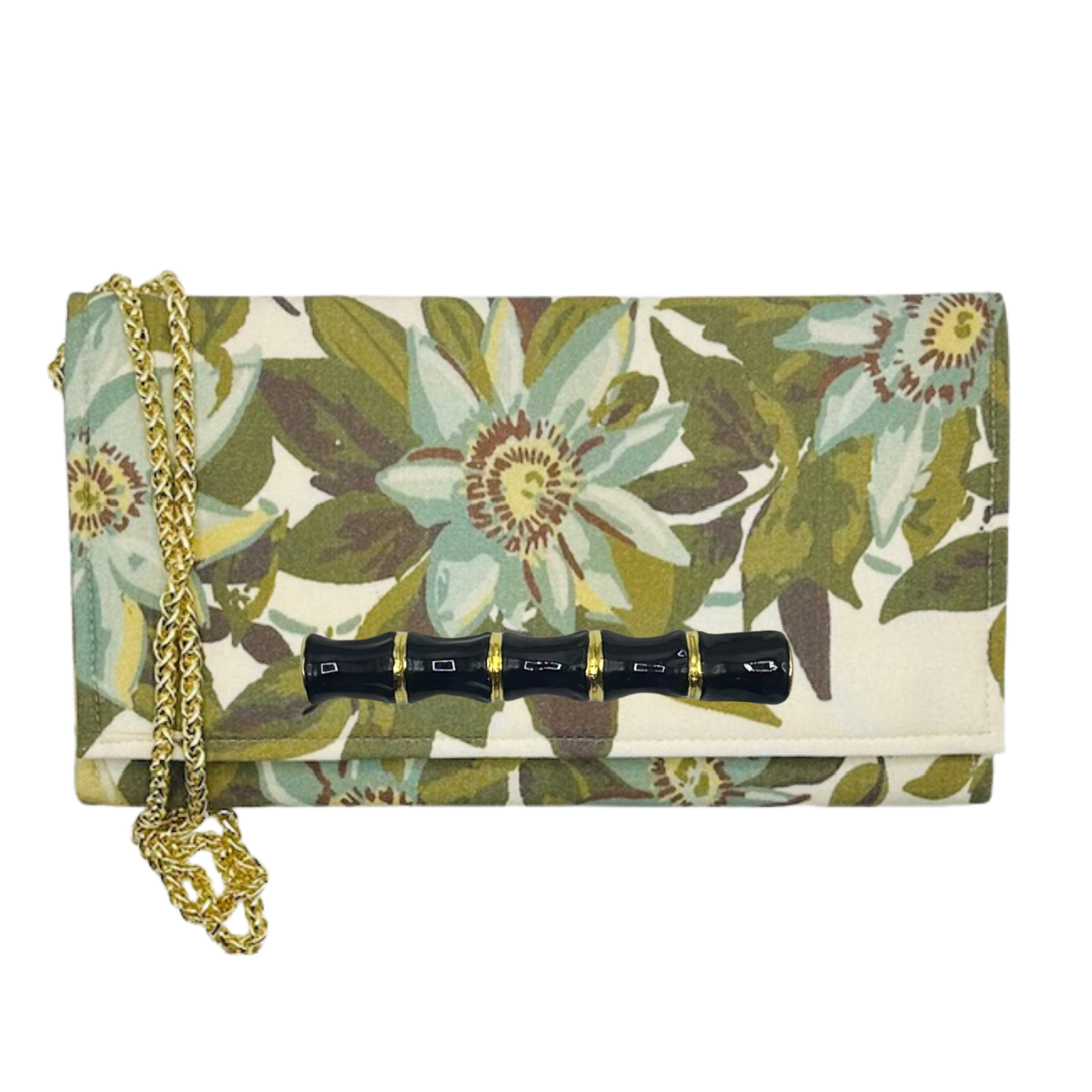 Floral Crossbody Clutch Purse w/ Customizable Embellishment: White bamboo stick