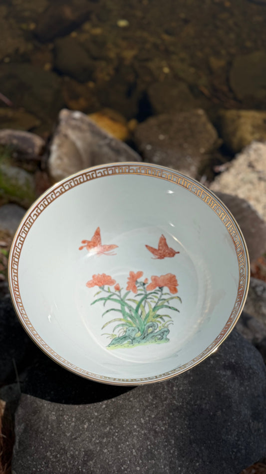 Large Vintage Mottahedeh Bird & Butterfly Porcelain Punch Bowl