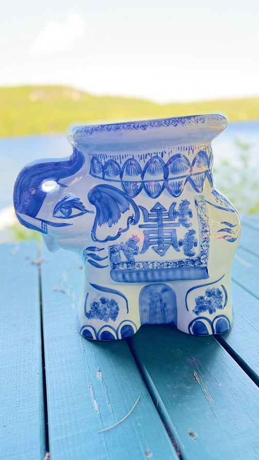 Vintage Bombay Company Blue & White Ceramic Elephant Plant Stand