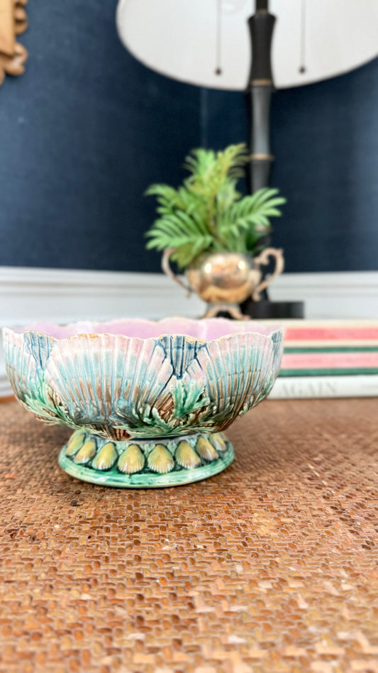 Antique 1880s Griffen, Smith & Hill Etruscan Majolica Shell & Seaweed Footed Bowl