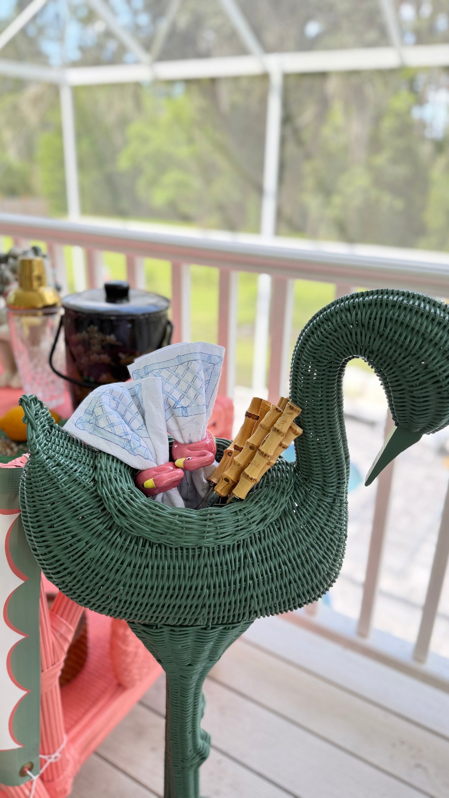 Vintage 1970s Wicker Flamingo Plant Stand in Messel Green