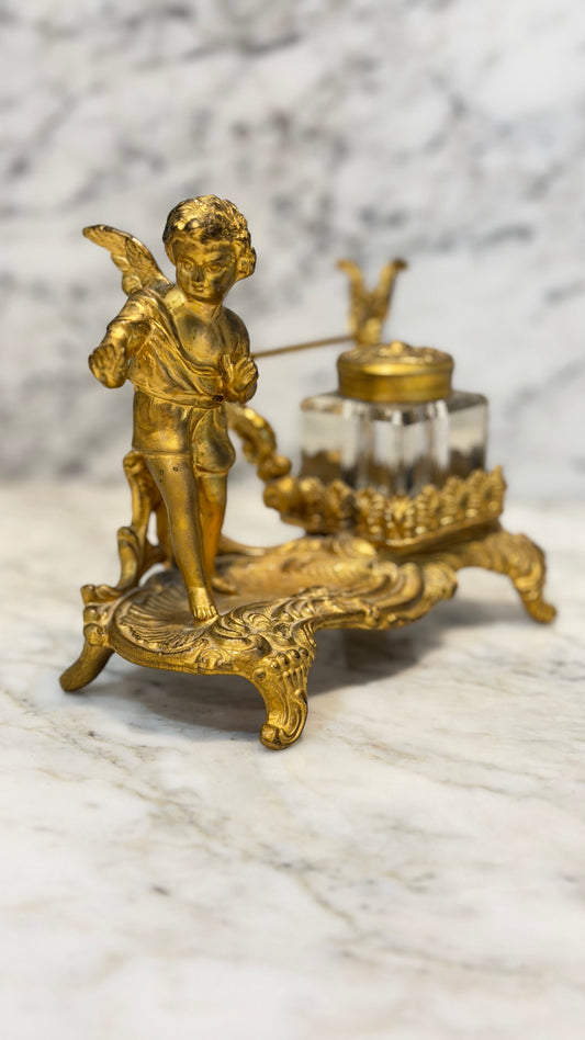Late 19th-Century French Louis XV–Style Gilt Bronze & Cut Crystal Inkwell