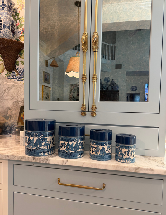 1960s Howard Holt Blue Willow Tin Canister Set, Set of 4
