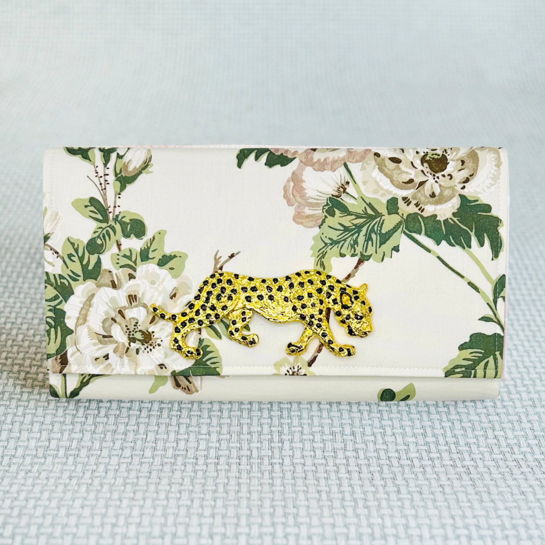 Floral Cluster Schumacher Clutch with Gold Leopard Embellishment