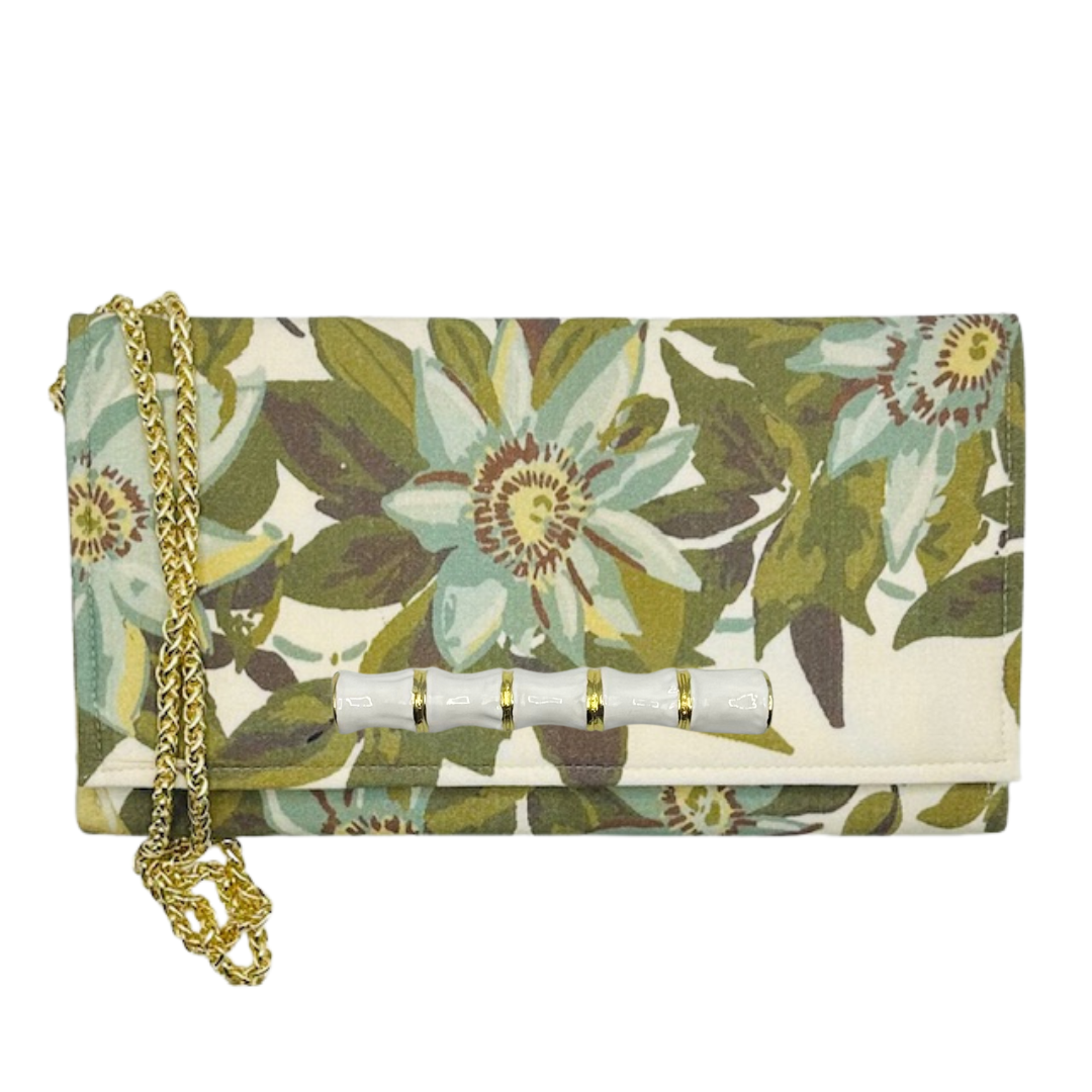Floral Crossbody Clutch Purse w/ Customizable Embellishment: White bamboo stick