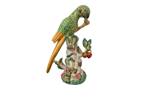 Vintage Chinoiserie Porcelain Parrot Figurine with Cicadas and Insects, Hand-Painted