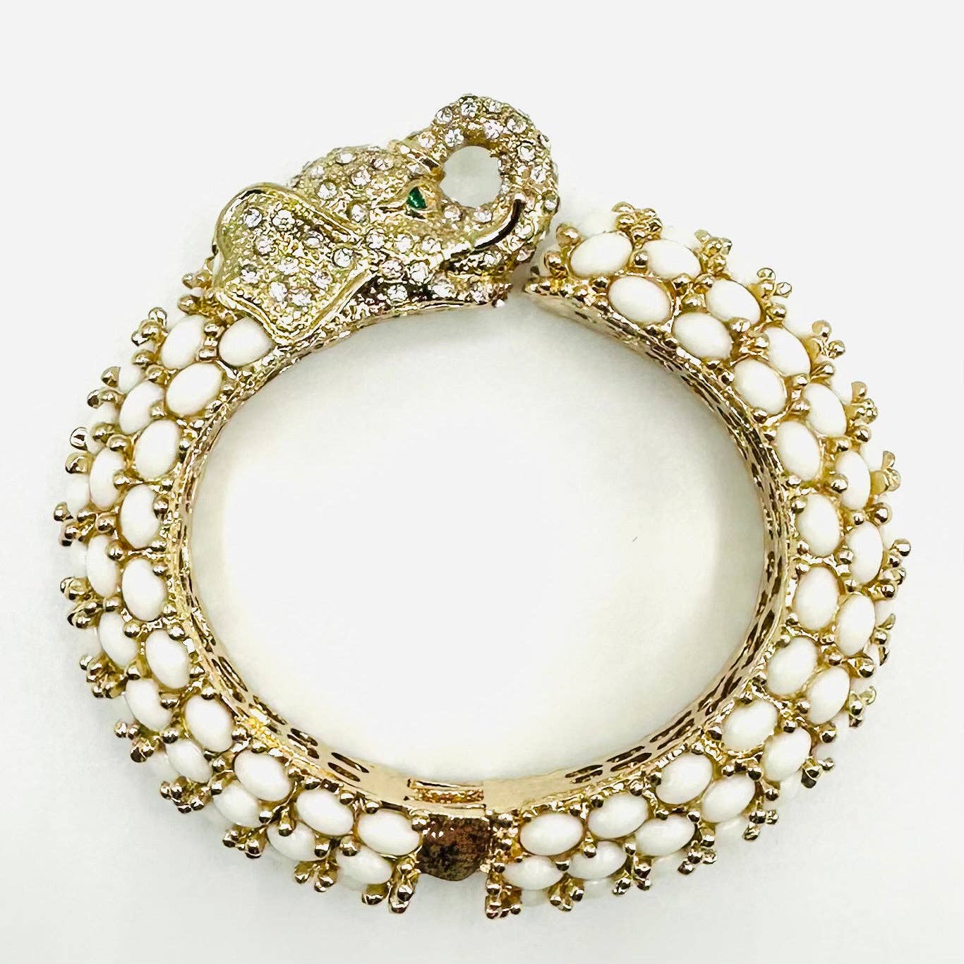 Beaded Elephant Hinged Bracelet in White