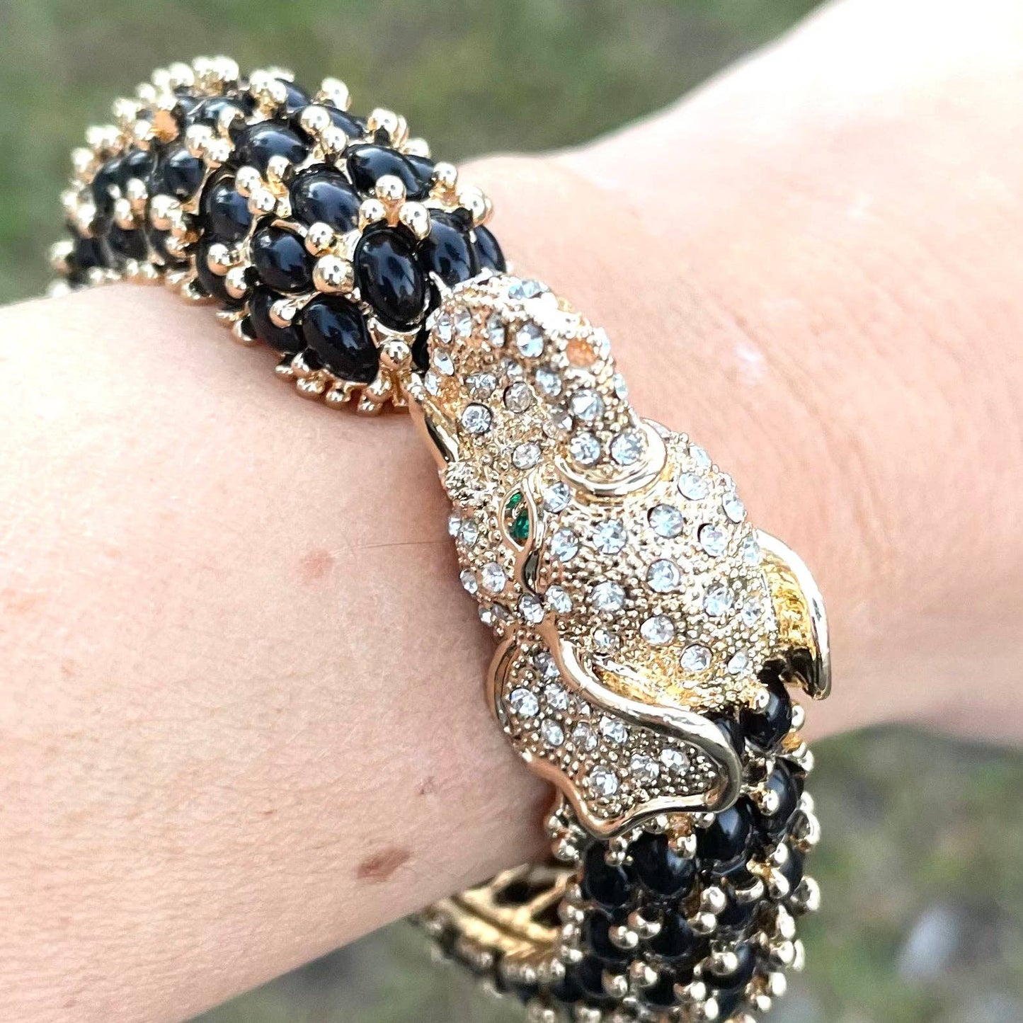 Beaded Elephant Hinged Bracelet in Black
