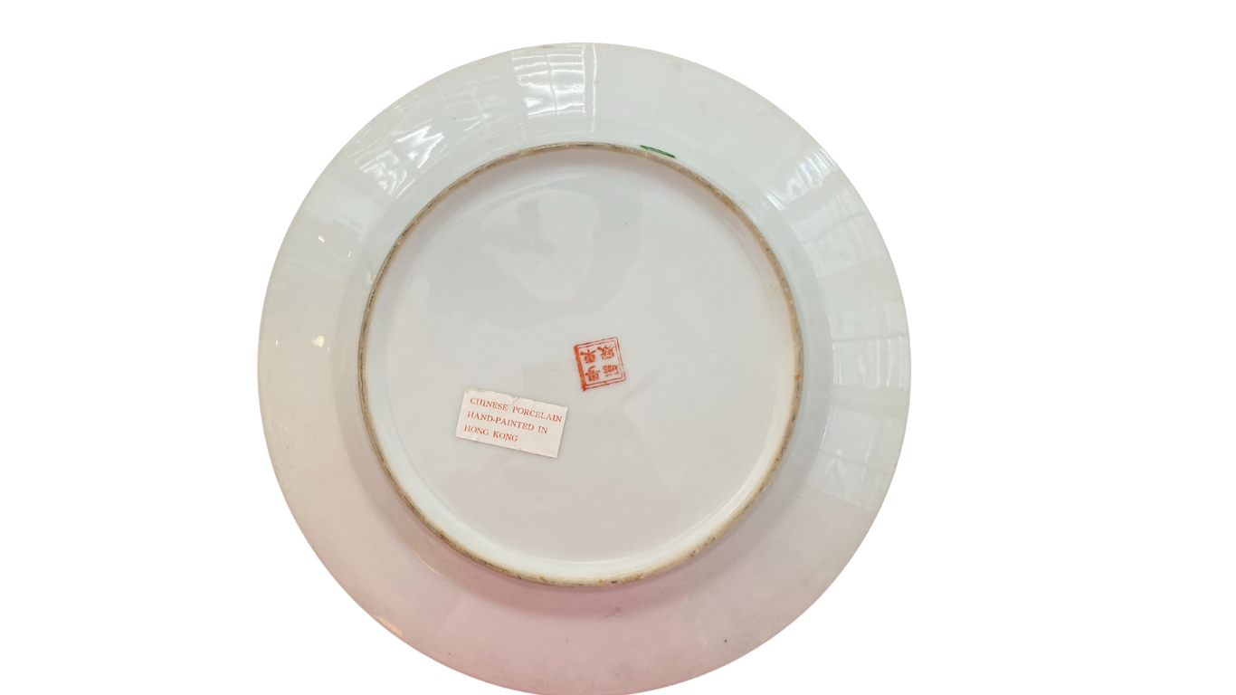 Vintage Rose Medallion Porcelain Plate from Hong Kong, Hand-Painted