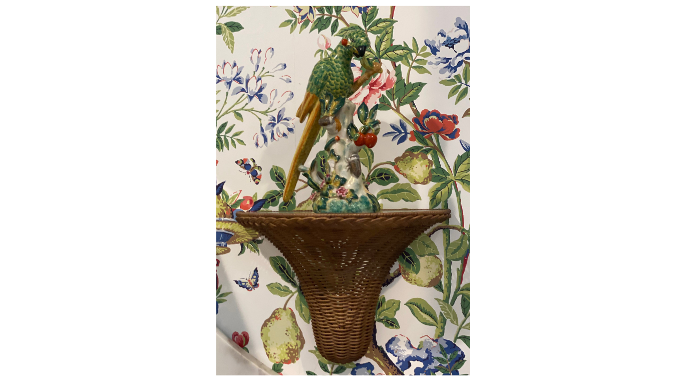 Vintage Chinoiserie Porcelain Parrot Figurine with Cicadas and Insects, Hand-Painted
