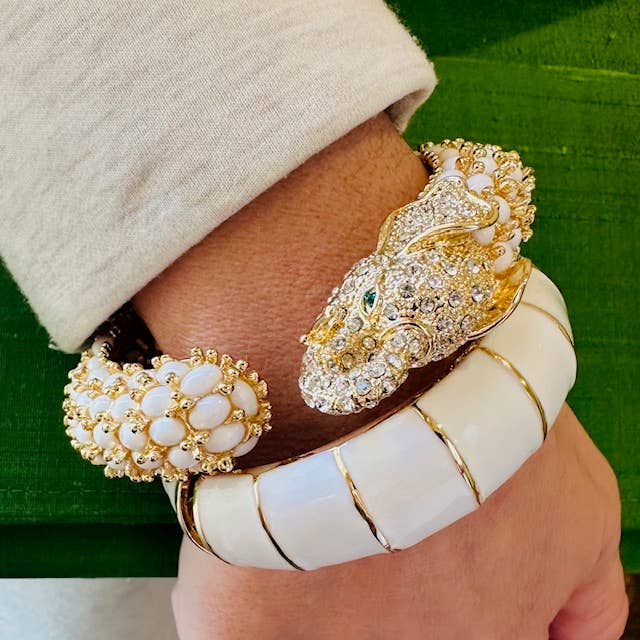 Beaded Elephant Hinged Bracelet in White