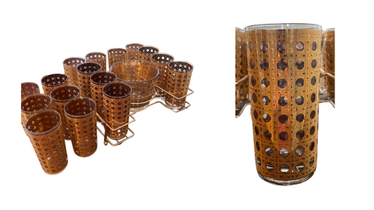 Vintage Culver Cannella Barware Set with Ice Bucket, Brass Rack, and Highball Glasses, 22kt Gold CaneGold