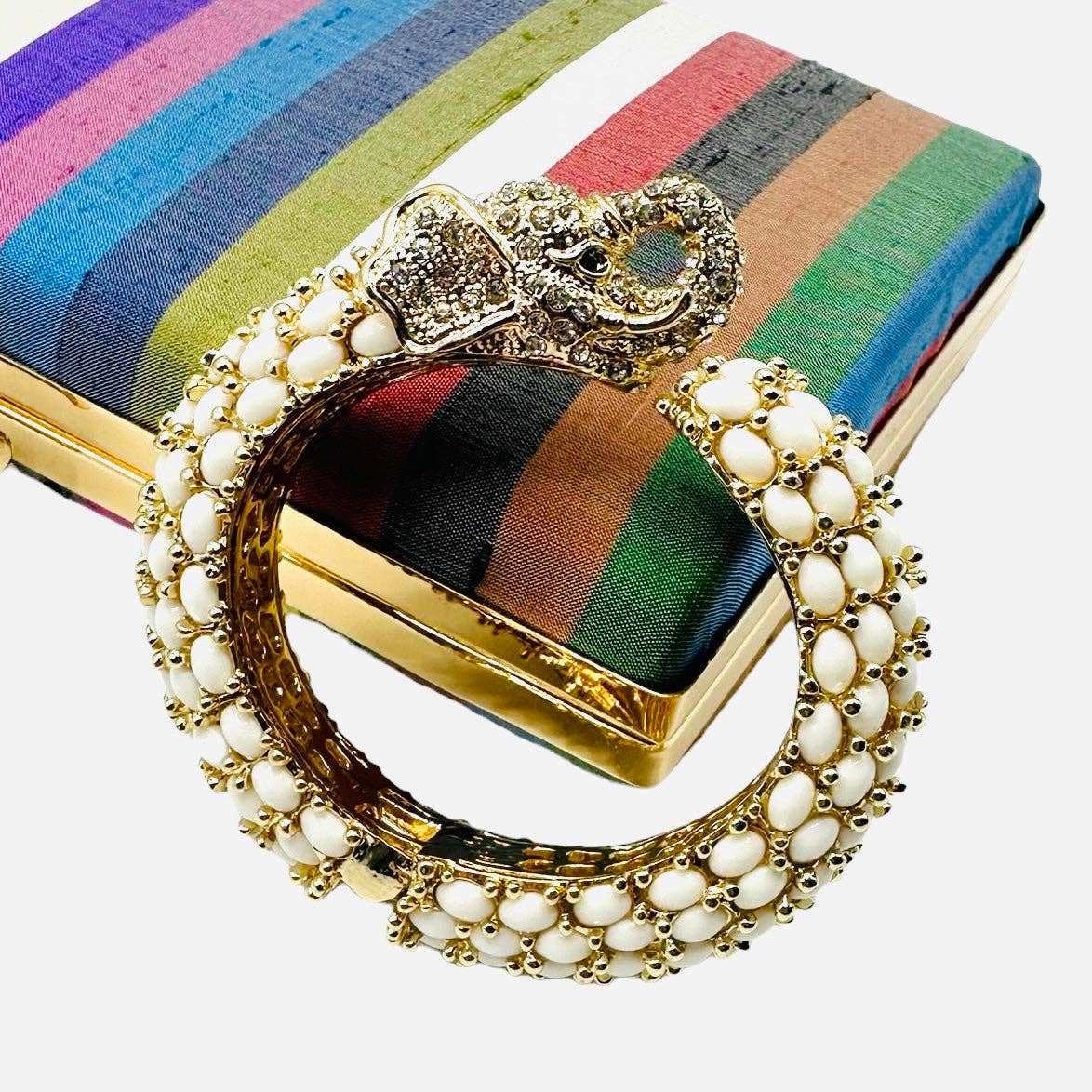 Beaded Elephant Hinged Bracelet in White