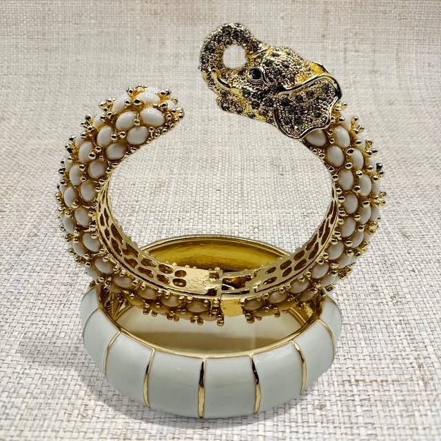 Beaded Elephant Hinged Bracelet in White