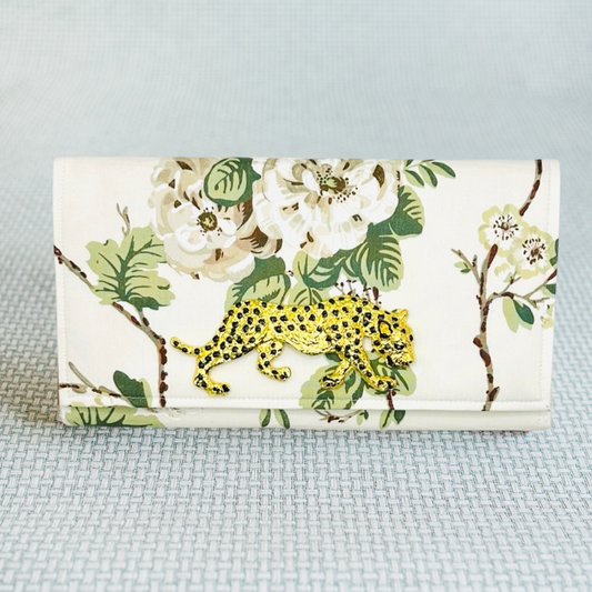 Floral Cluster Schumacher Clutch with Gold Leopard Embellishment