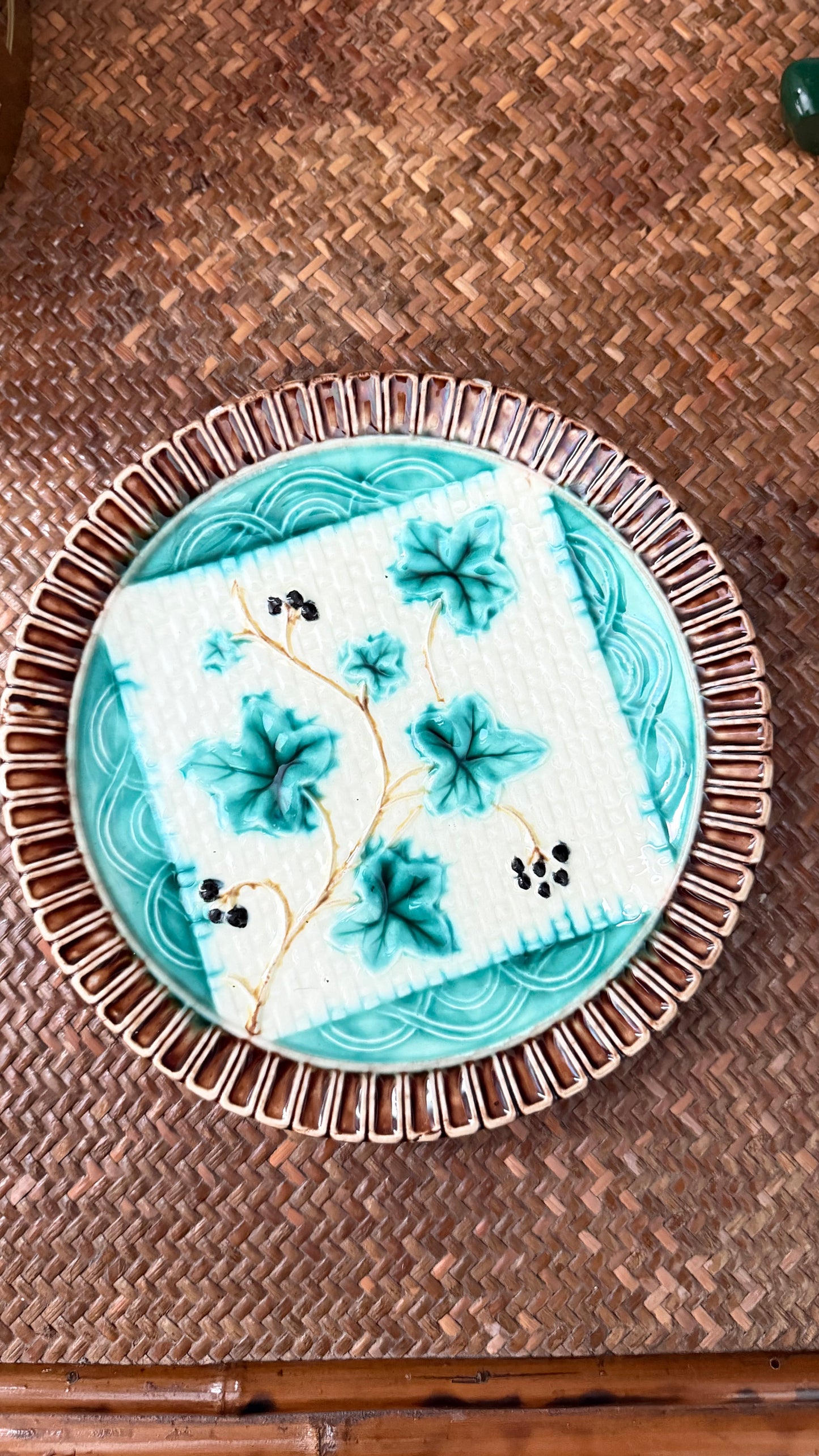 Antique c.1880 Victorian majolica napkin plate with turquoise glaze, raised berry vine and brown woven border