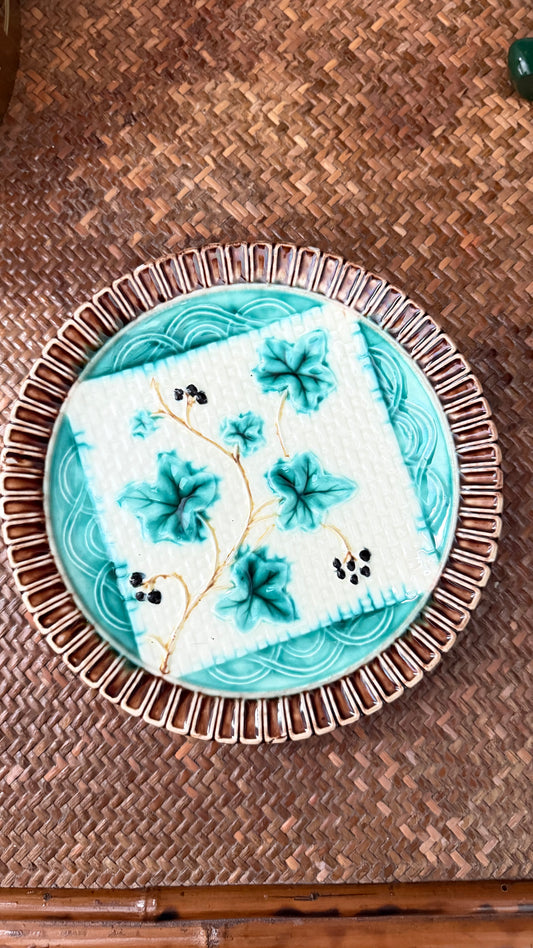 Antique c.1880 Victorian majolica napkin plate with turquoise glaze, raised berry vine and brown woven border