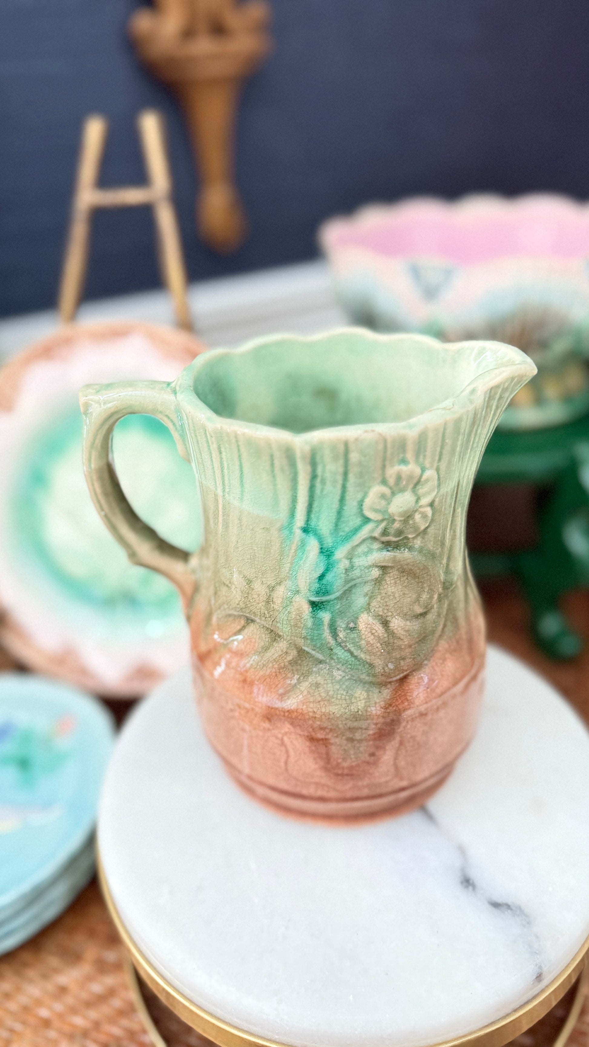 Antique c.1880 Victorian majolica floral pitcher in soft green, blush pink and cream