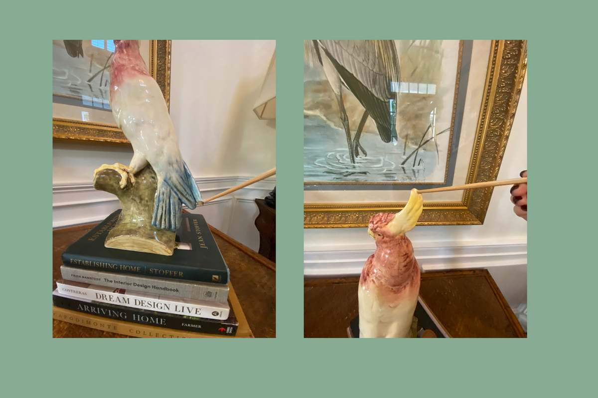 Close-up views showing minor chips to the tail and crest of a Royal Dux cockatoo figurine.