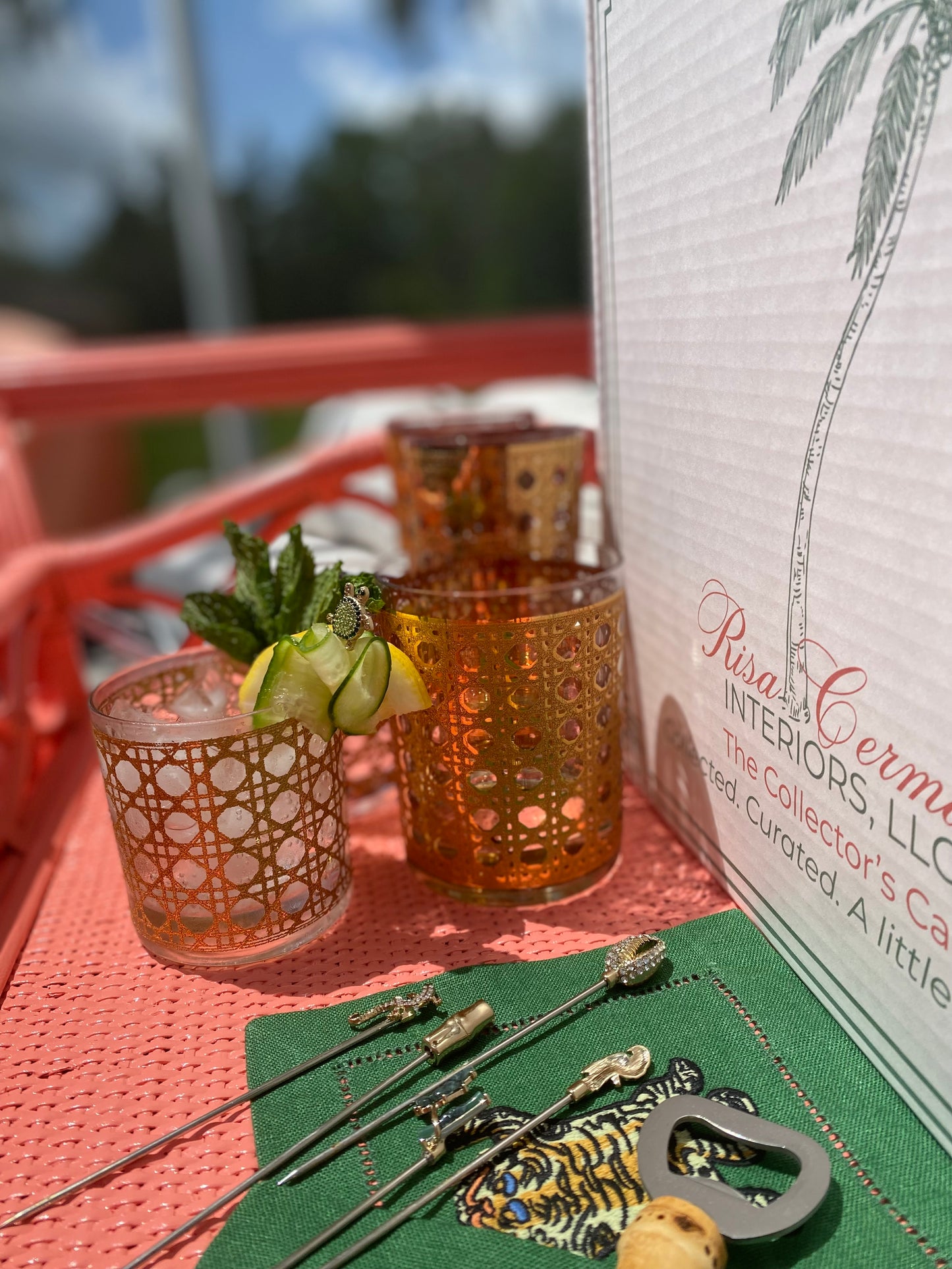Vintage Culver Cannella 22K Gold Old-Fashioned Rocks Glasses with Brass Faux-Bamboo Caddy — Set of Six