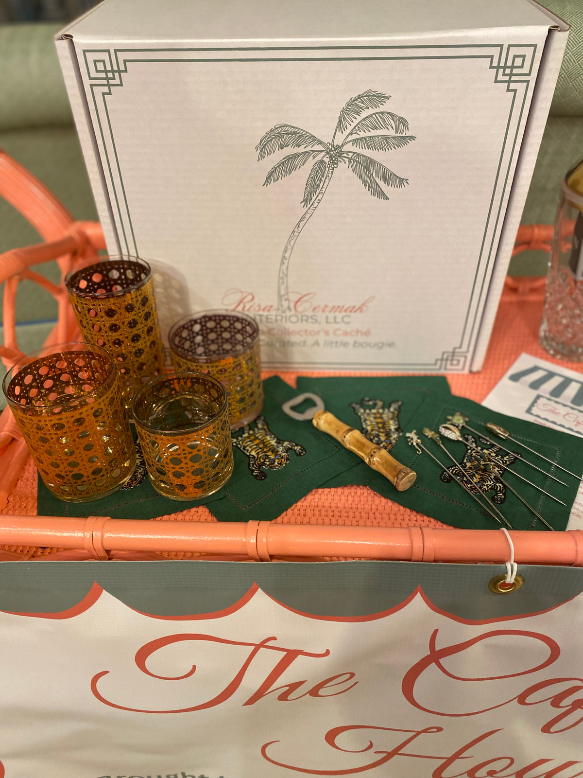 Vintage Culver Cannella 22K Gold Old-Fashioned Rocks Glasses with Brass Faux-Bamboo Caddy — Set of Six
