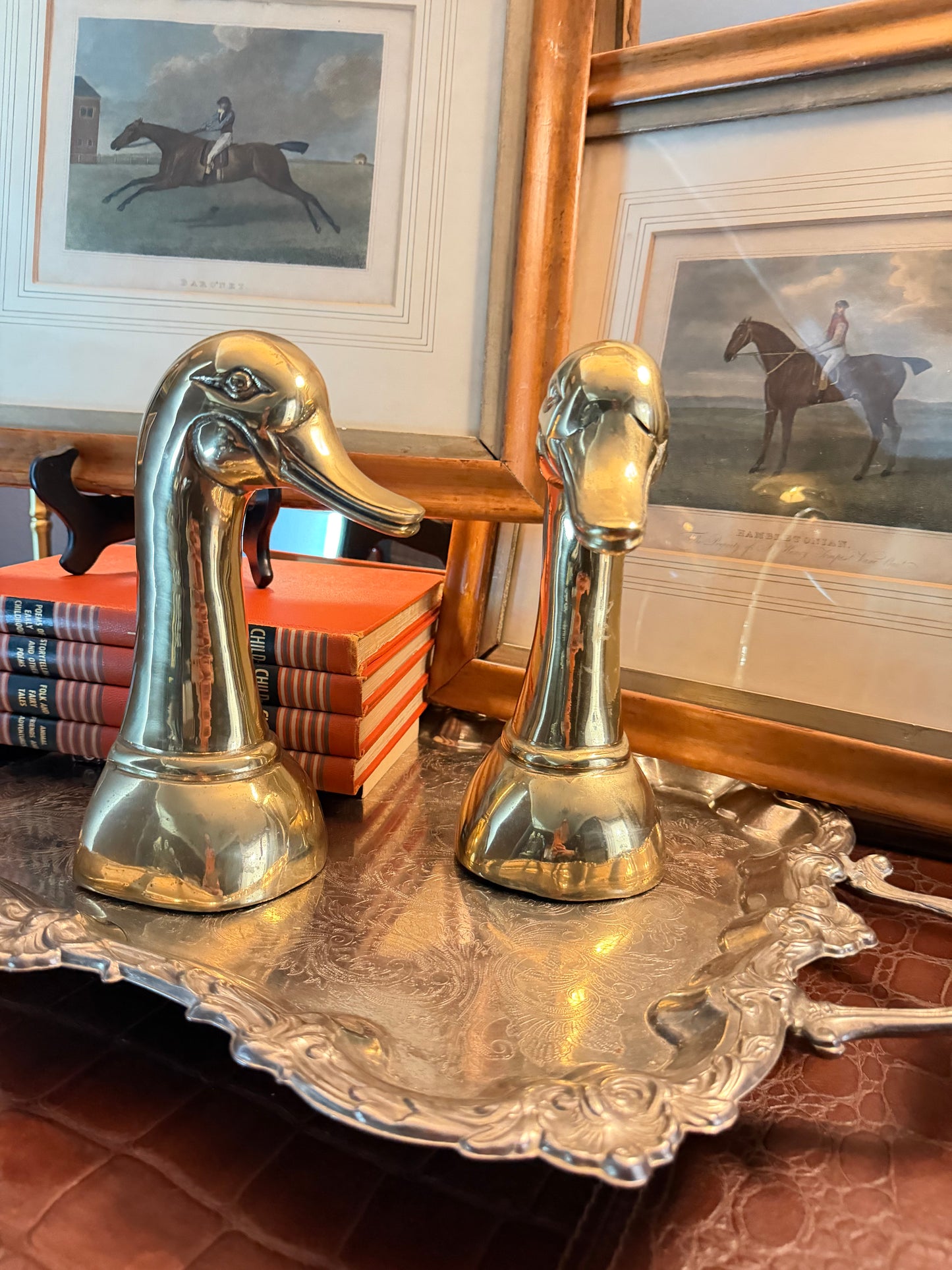 Vintage Heavy Brass Mallard Duck Bookends — Sarreid Style Pair