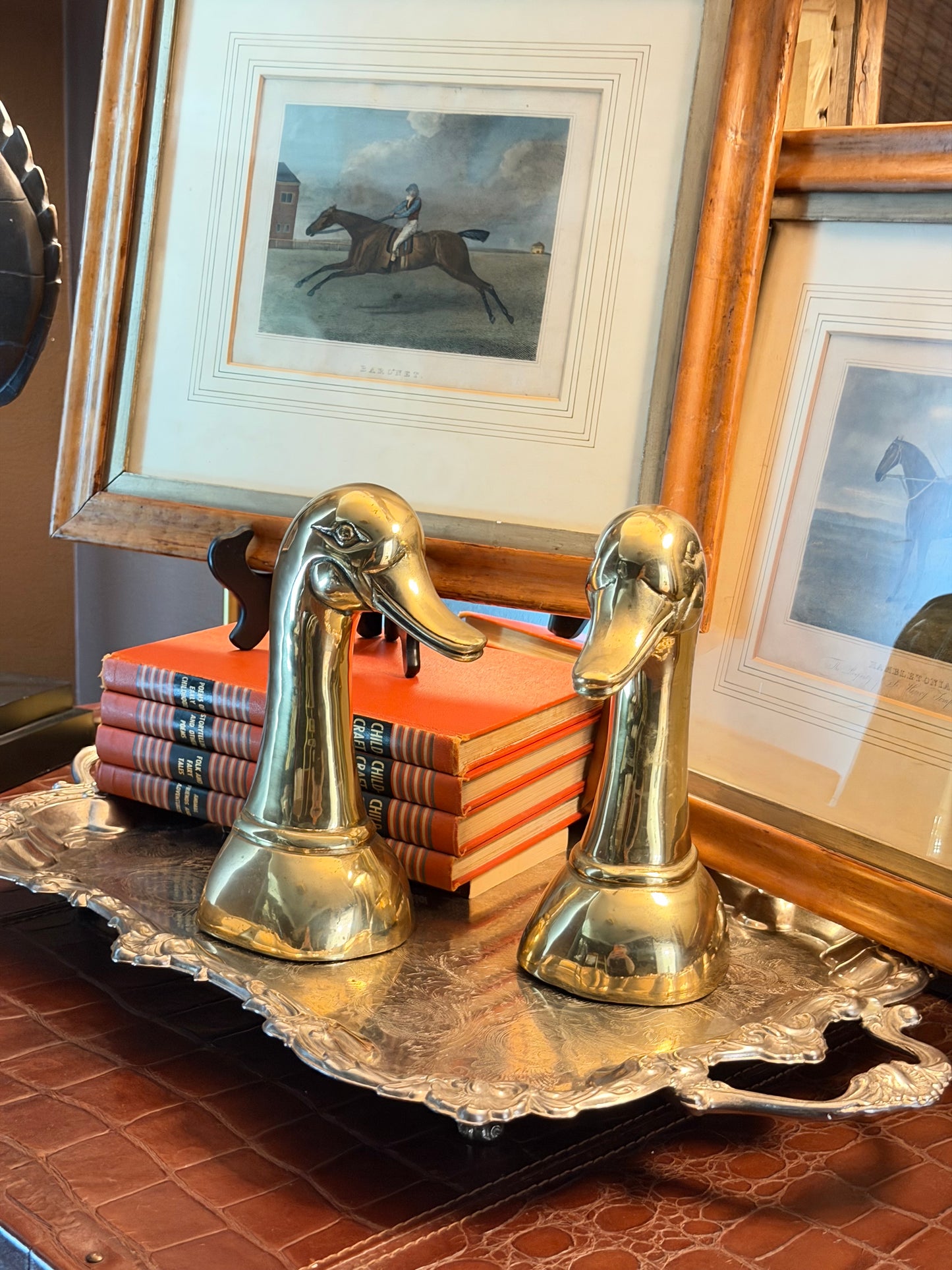 Vintage Heavy Brass Mallard Duck Bookends — Sarreid Style Pair