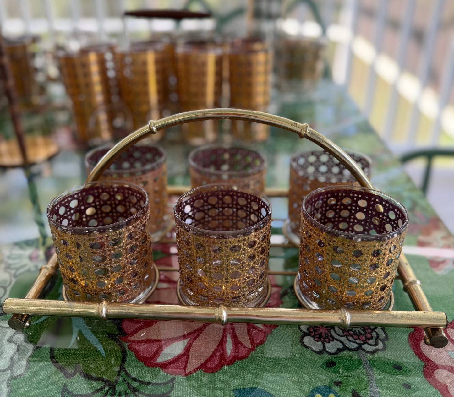 Vintage Culver Cannella 22K Gold Old-Fashioned Rocks Glasses with Brass Faux-Bamboo Caddy — Set of Six