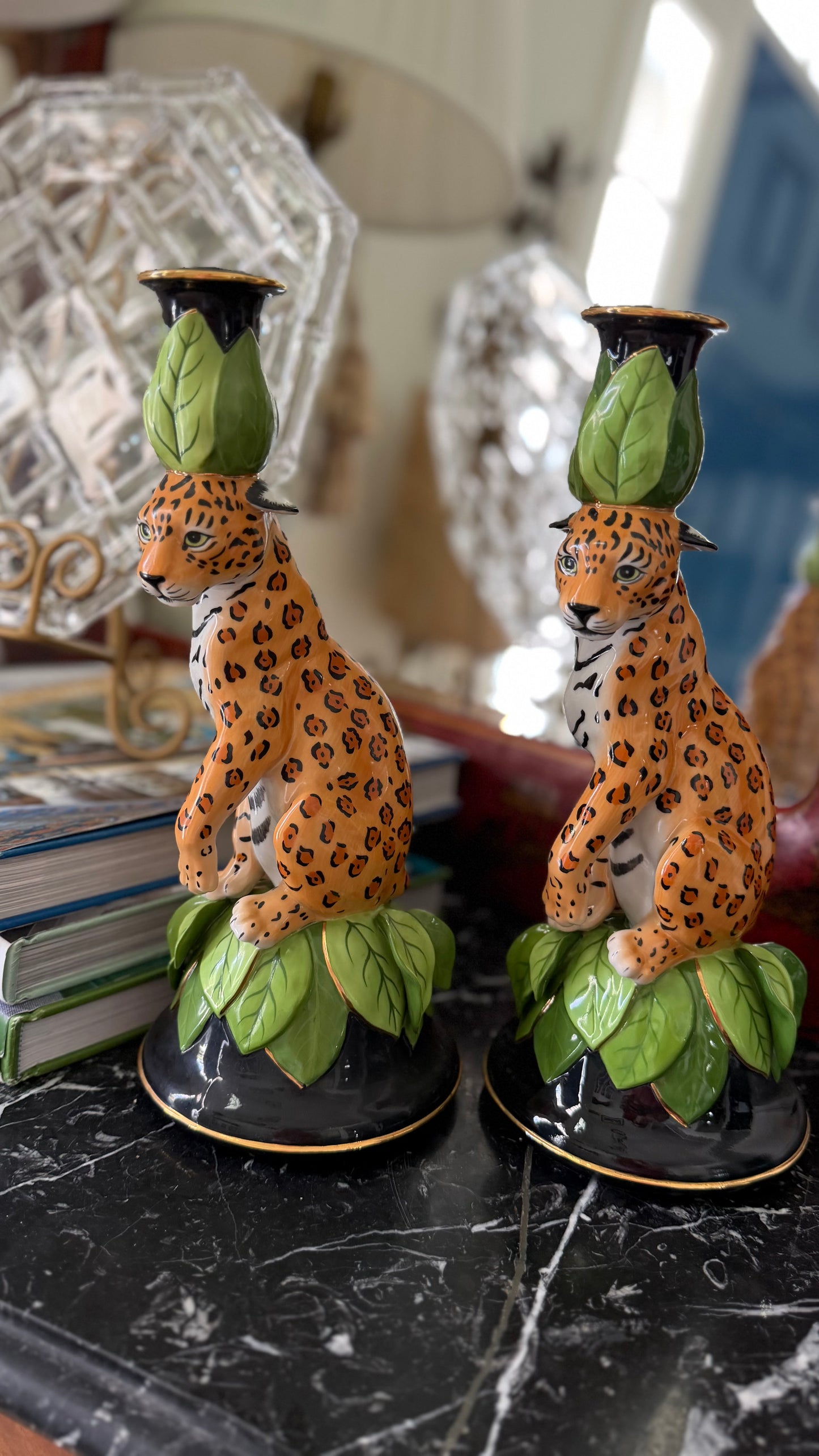 Pair of Lynn Chase Jaguar Jungle Candlesticks, 1991