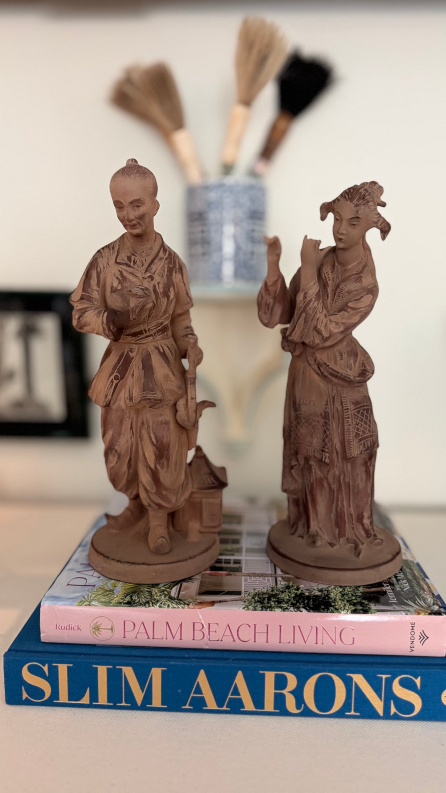 Pair of Unmarked Chapman Chinoiserie Terra Cotta Figural Sculptures