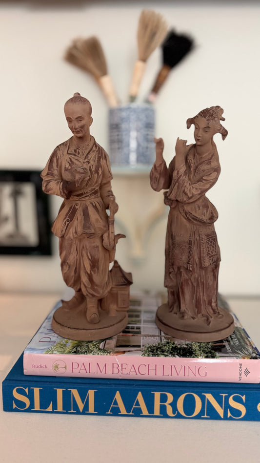 Pair of Unmarked Chapman Chinoiserie Terra Cotta Figural Sculptures