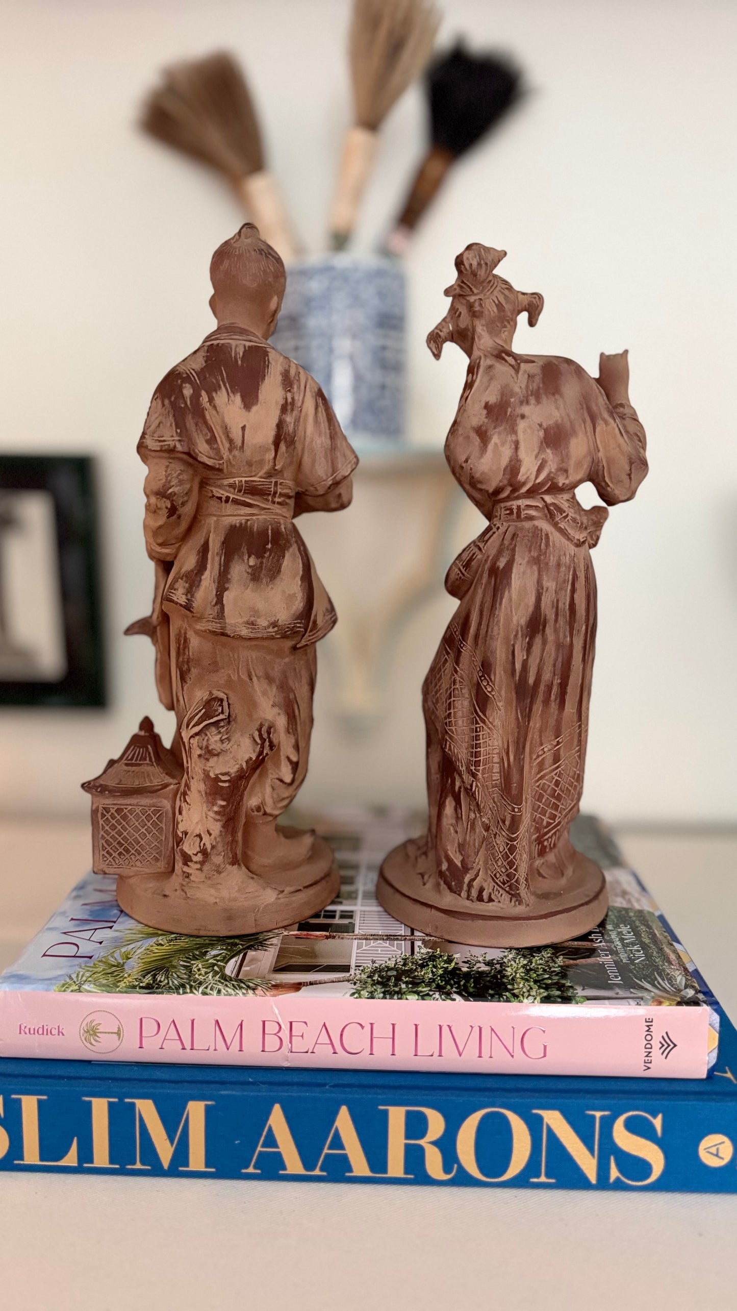 Pair of Unmarked Chapman Chinoiserie Terra Cotta Figural Sculptures