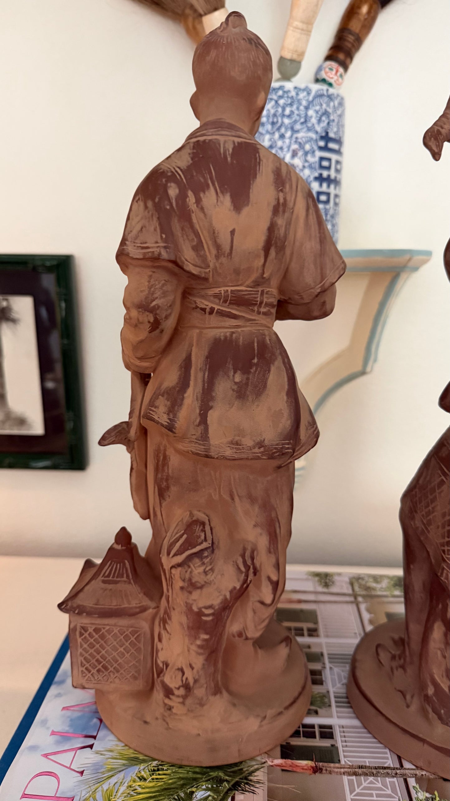 Pair of Unmarked Chapman Chinoiserie Terra Cotta Figural Sculptures