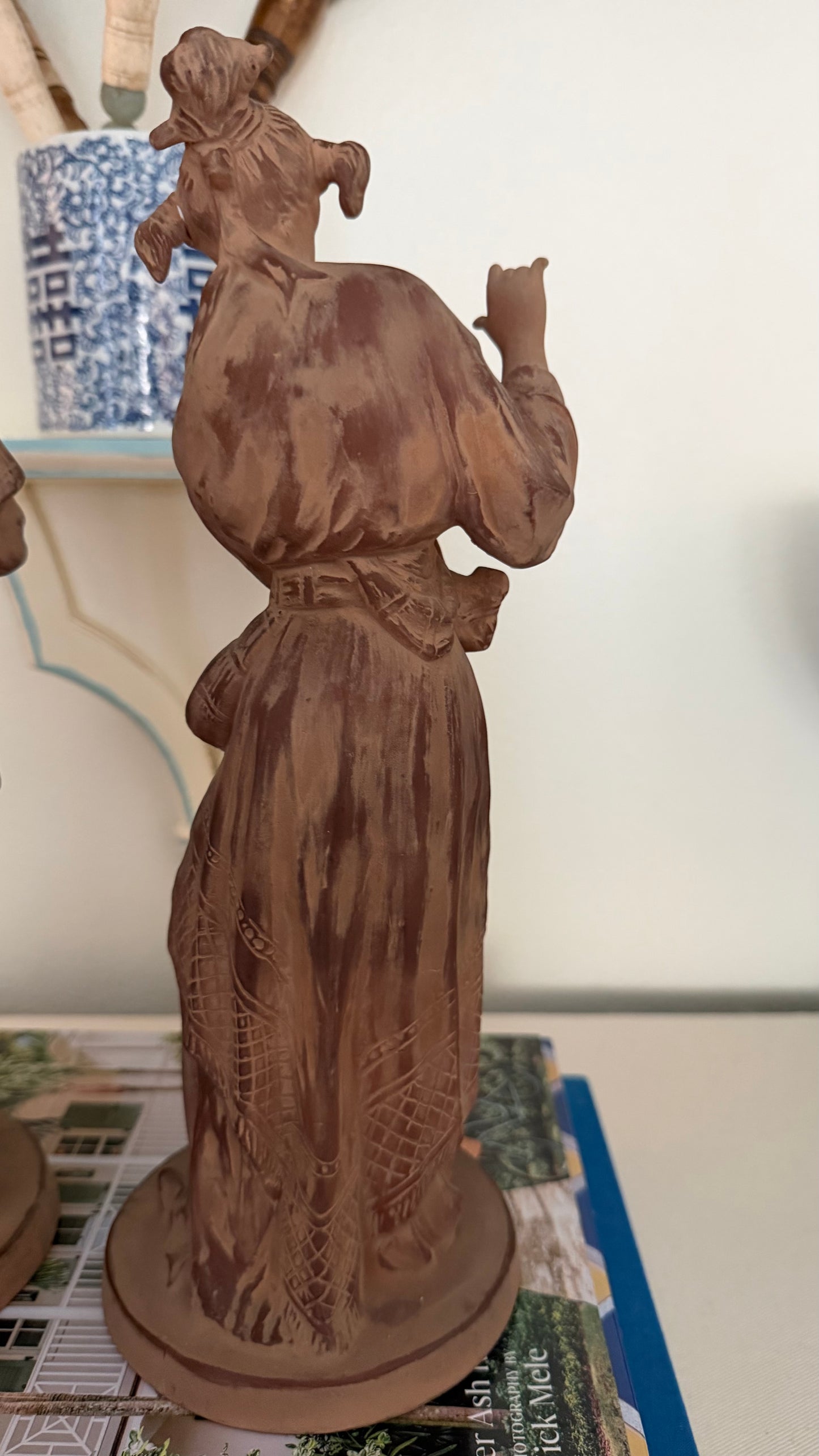 Pair of Unmarked Chapman Chinoiserie Terra Cotta Figural Sculptures