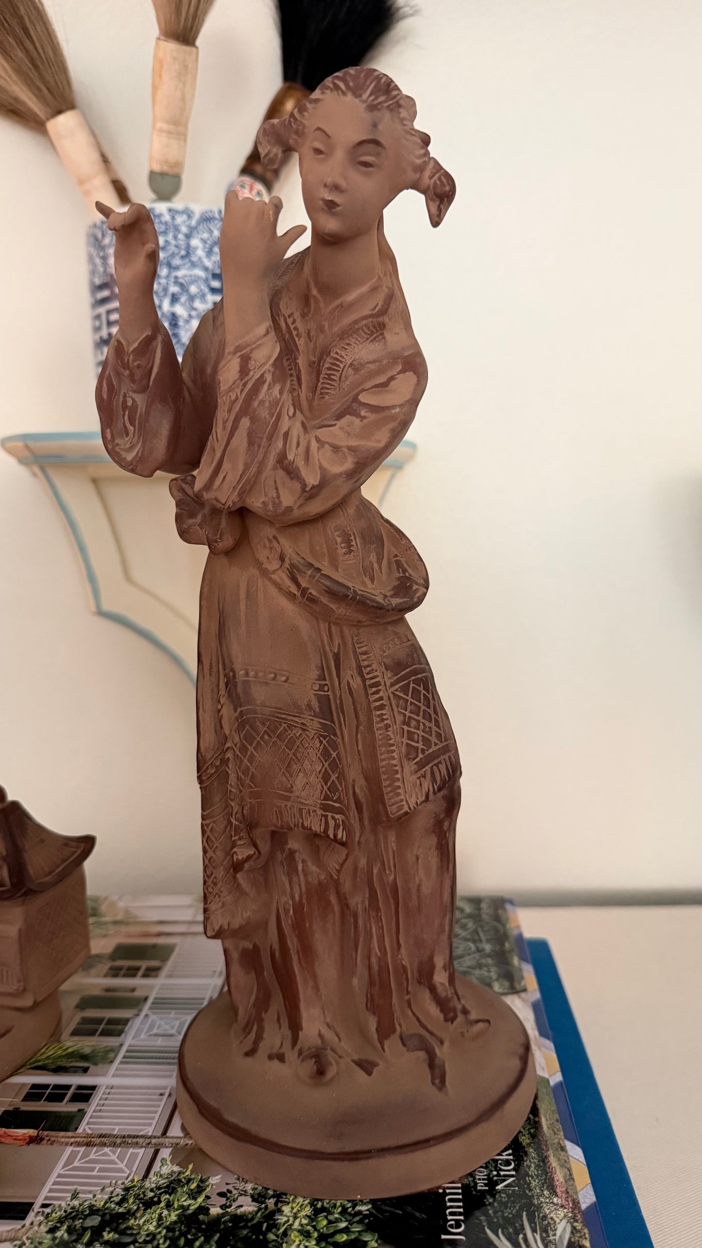 Pair of Unmarked Chapman Chinoiserie Terra Cotta Figural Sculptures