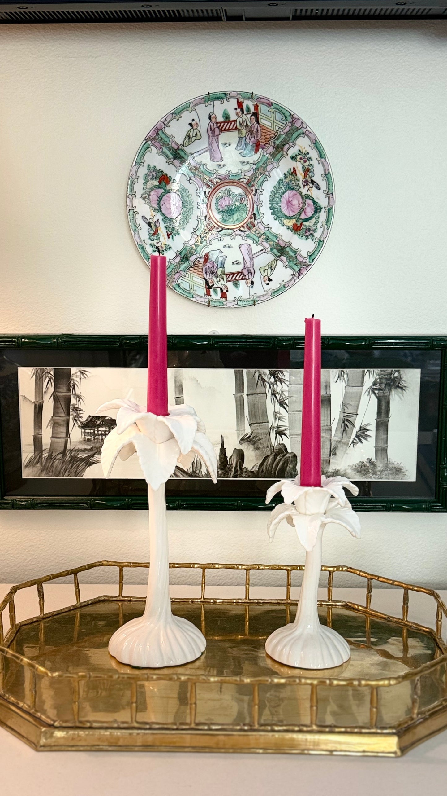 Vintage 1977 Fitz & Floyd White Palm Tree Candlesticks — Graduated Pair